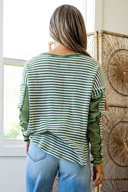 Ribbed Thermal Stripe Drop Shoulder Exposed Seam Patchwork Long Sleeve Top